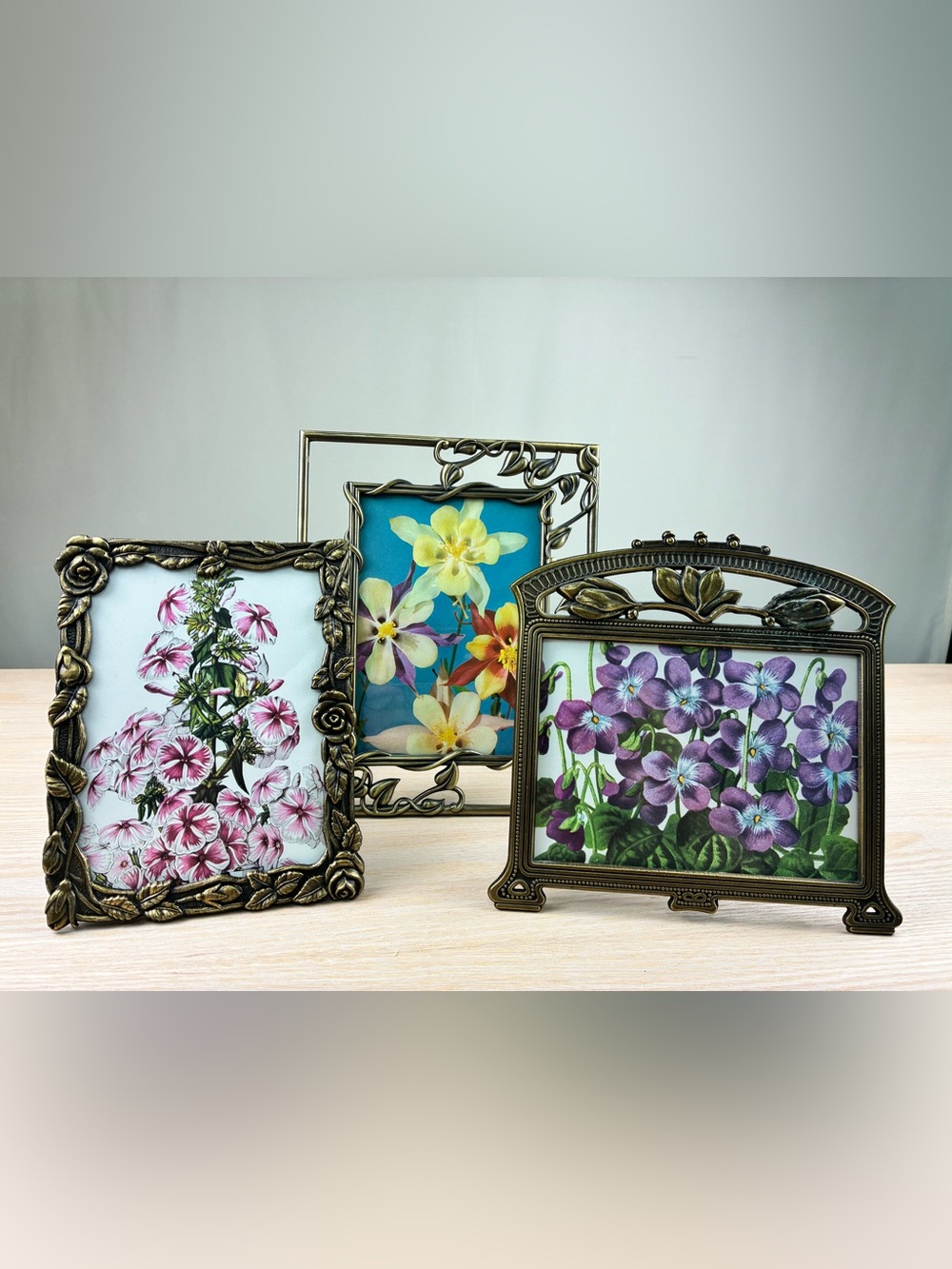Vintage Ornate Gold Metal Picture Frames Set of 3 Floral Prints